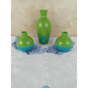 Ceramic Urn Shaped Green Blue Check 8" & 2 Round Green Blue Bottom Vases 4" Set